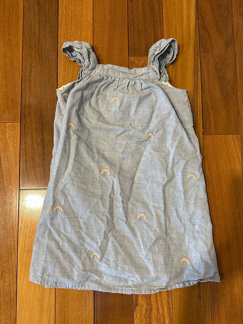 Chambray Girls Sundress with Rainbow Embroidery